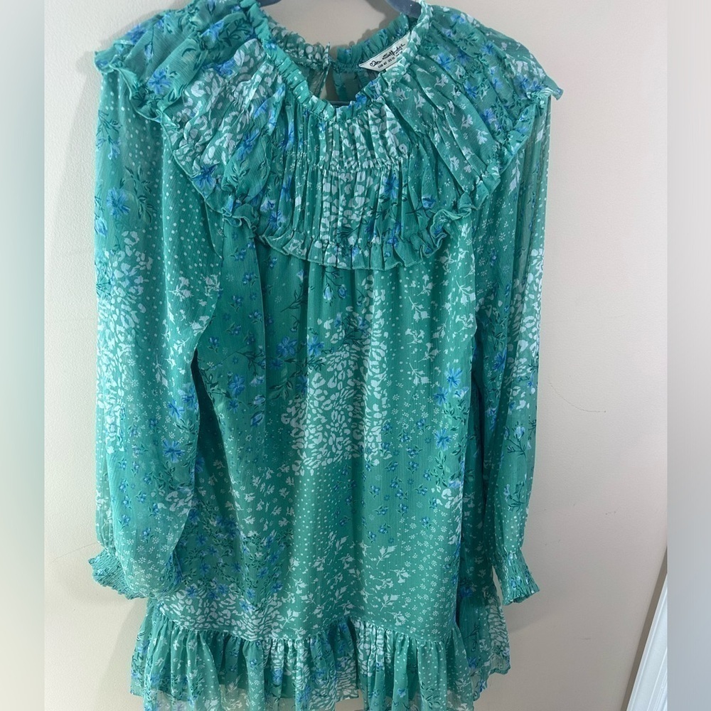 Miss Selfridge chiffon ruffle yoke smock dress in green patchwork print